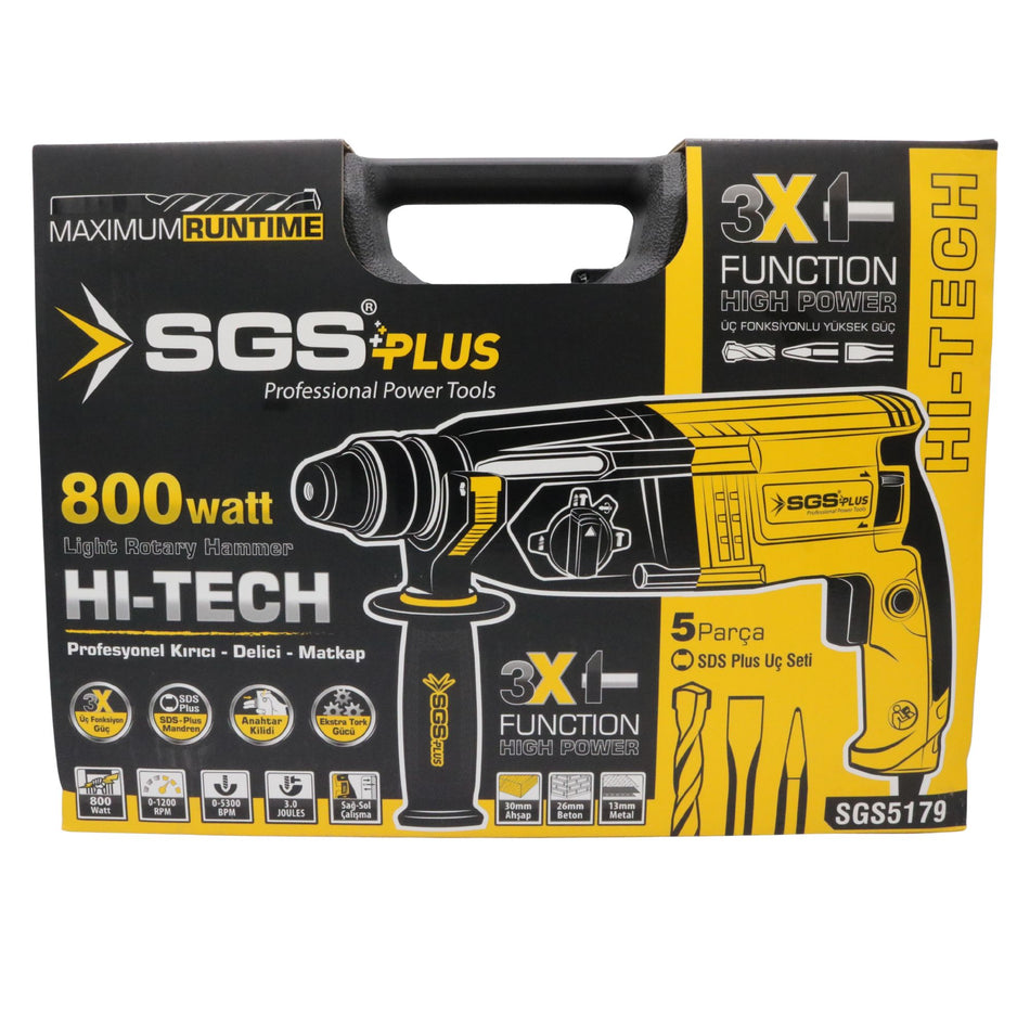 Ciocan Rotopercutor SDS Plus SGS PLUS SGS5179, 800W, 3 Funcții, 3J, Beton 26 mm, Set Burghie, Cutie Transport