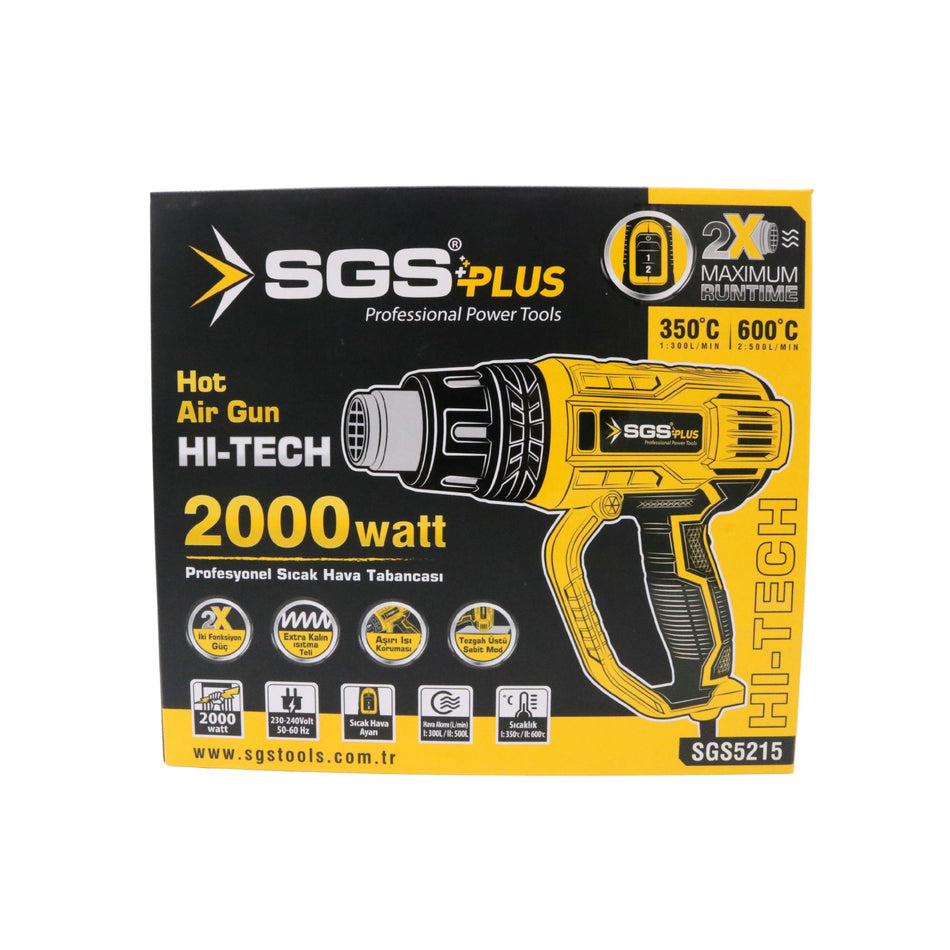 Pistol Aer Cald SGS PLUS SGS5215, 2000W, 350°C–600°C, 300–500L/min, 2 Trepte, Set Duze Inclus