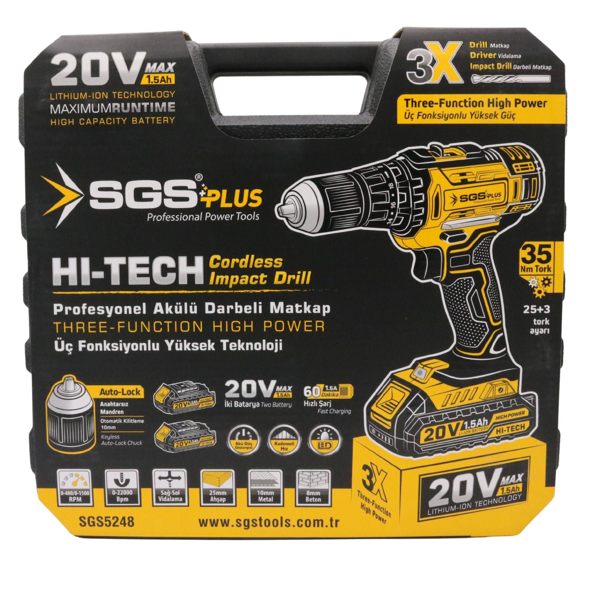 Bormașină cu acumulator, cu percuție SGS HI-TECH, 20V, 1.5Ah, 3 funcții, 2 acumulatori, 35 Nm, LED, valiză transport