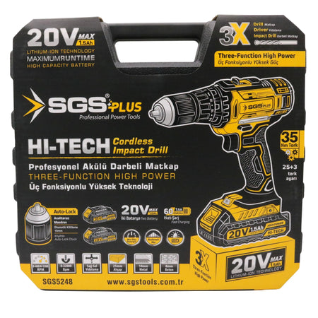 Bormașină cu acumulator, cu percuție SGS HI-TECH, 20V, 1.5Ah, 3 funcții, 2 acumulatori, 35 Nm, LED, valiză transport