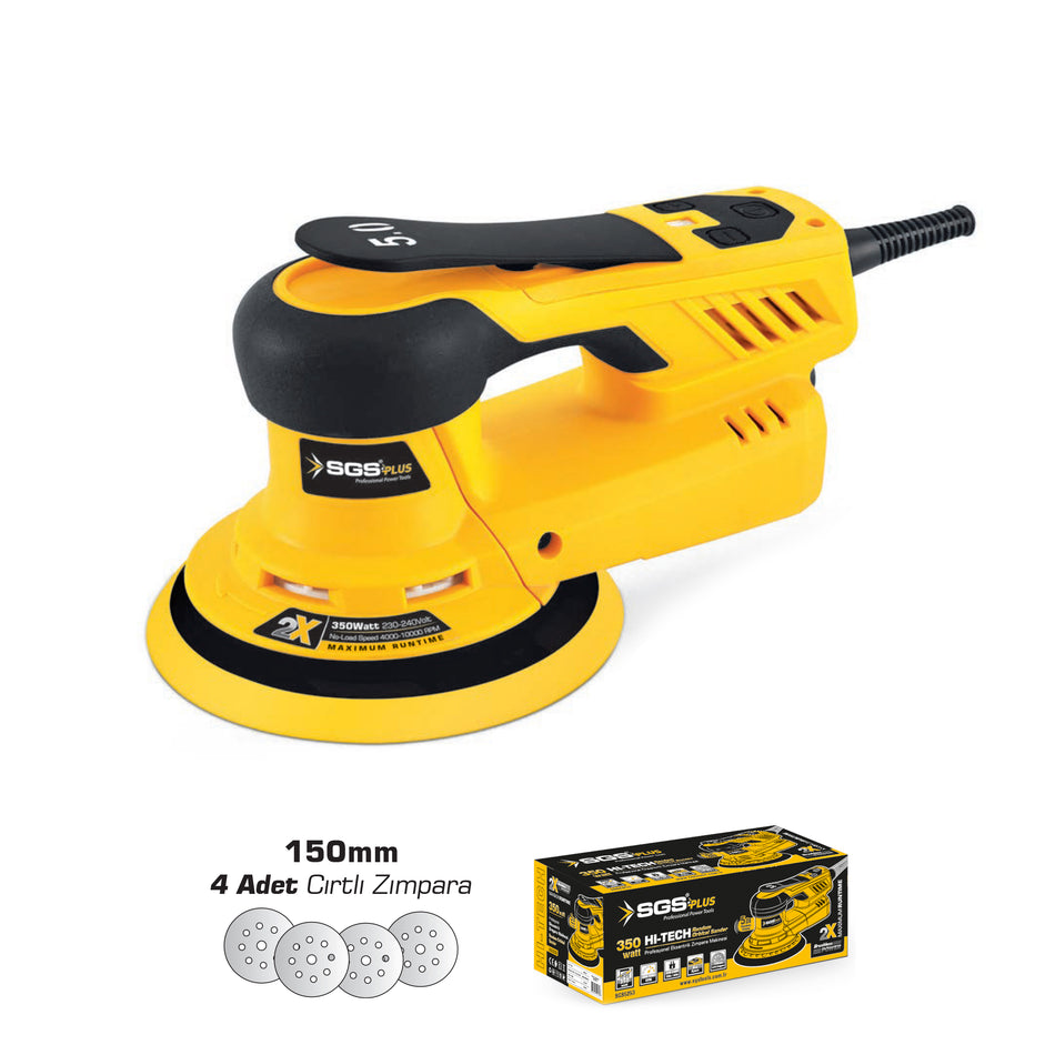 Mașină de Șlefuit Excentrică SGS PLUS SGS5253 – 350W, 150 mm, Orbitală 5 mm, Brushless Motor, 4 Discuri Incluse
