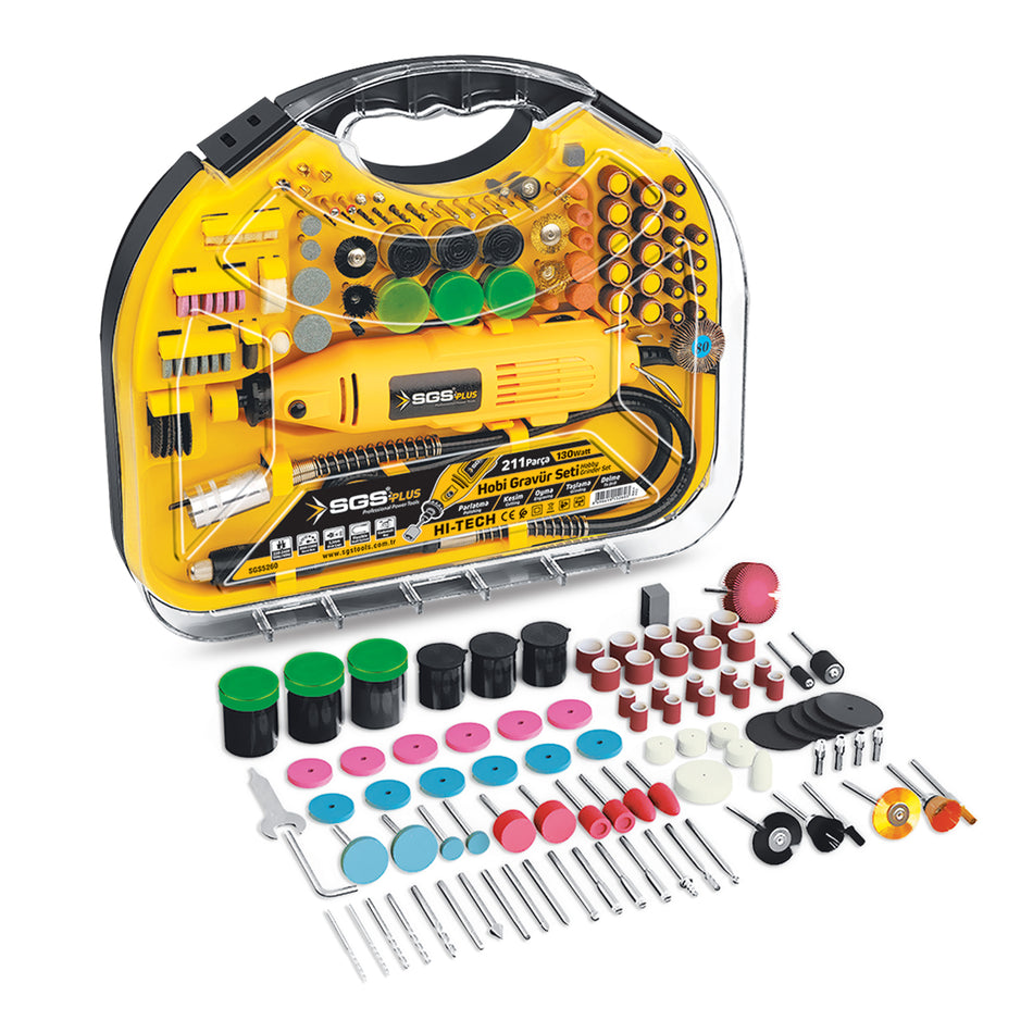 Set Gravură Electric (Dremel) SGS PLUS SGS5260 – 130W, 211 Accesorii, Mini Freză Multifuncțională, Viteză Reglabilă, Ax Flexibil