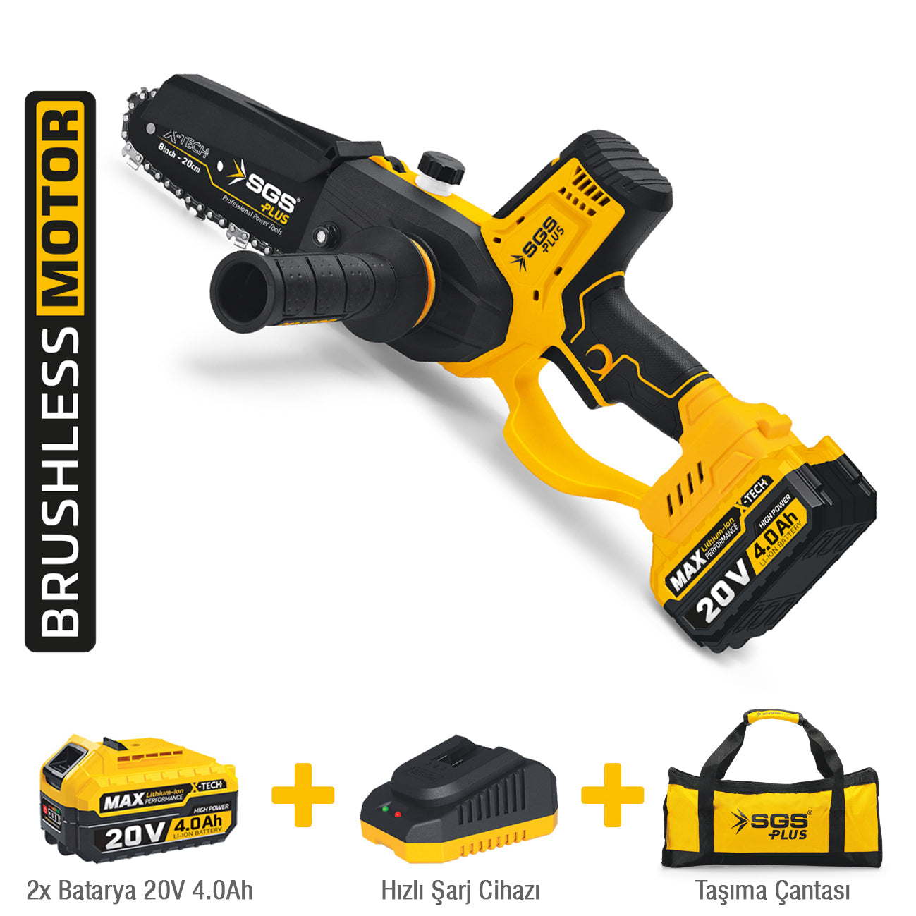Fierăstrău cu lanț pe acumulator SGS PLUS X-TECH 20V, lamă 20 cm, motor brushless, 2 baterii 4.0Ah, set complet