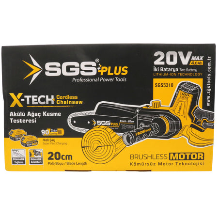 Fierăstrău cu lanț pe acumulator SGS PLUS X-TECH 20V, lamă 20 cm, motor brushless, 2 baterii 4.0Ah, set complet