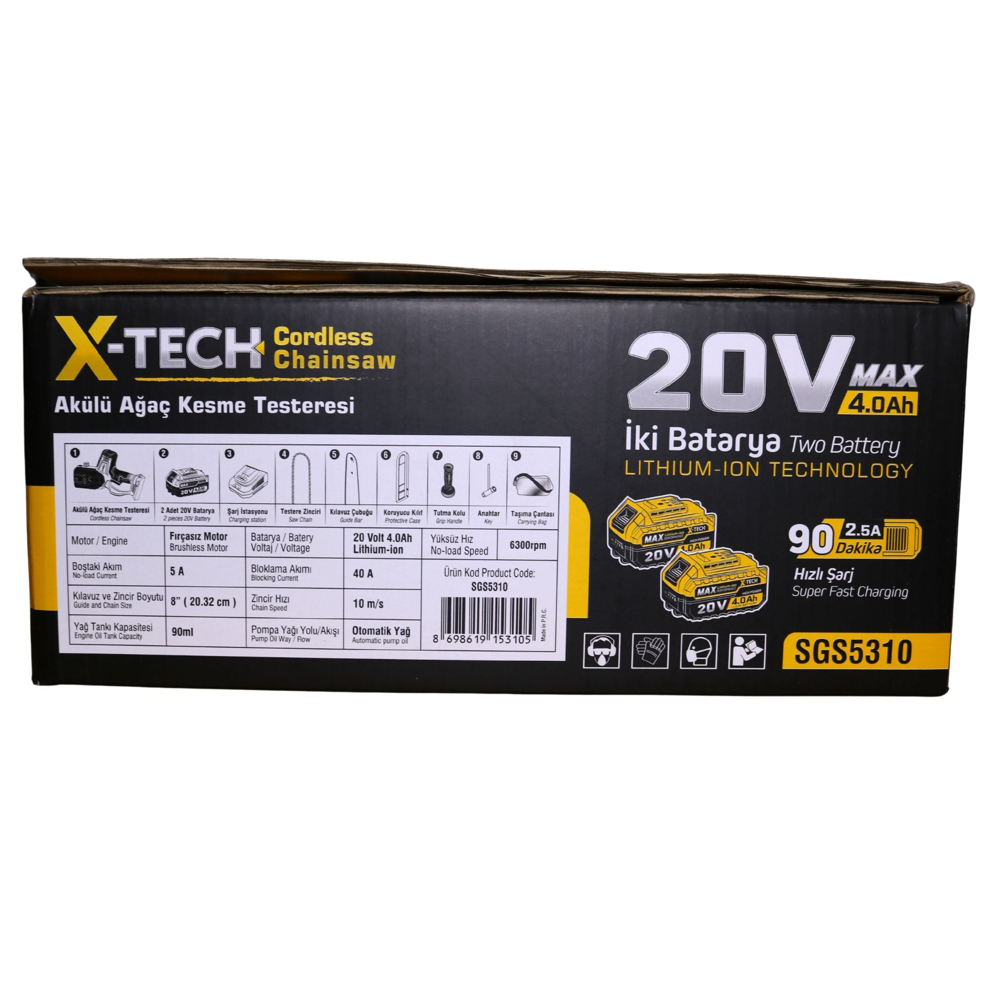 Fierăstrău cu lanț pe acumulator SGS PLUS X-TECH 20V, lamă 20 cm, motor brushless, 2 baterii 4.0Ah, set complet