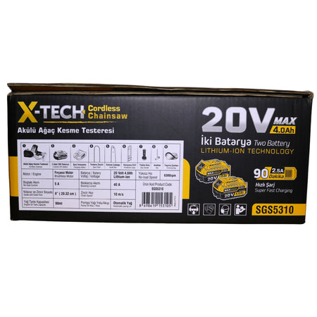 Fierăstrău cu lanț pe acumulator SGS PLUS X-TECH 20V, lamă 20 cm, motor brushless, 2 baterii 4.0Ah, set complet
