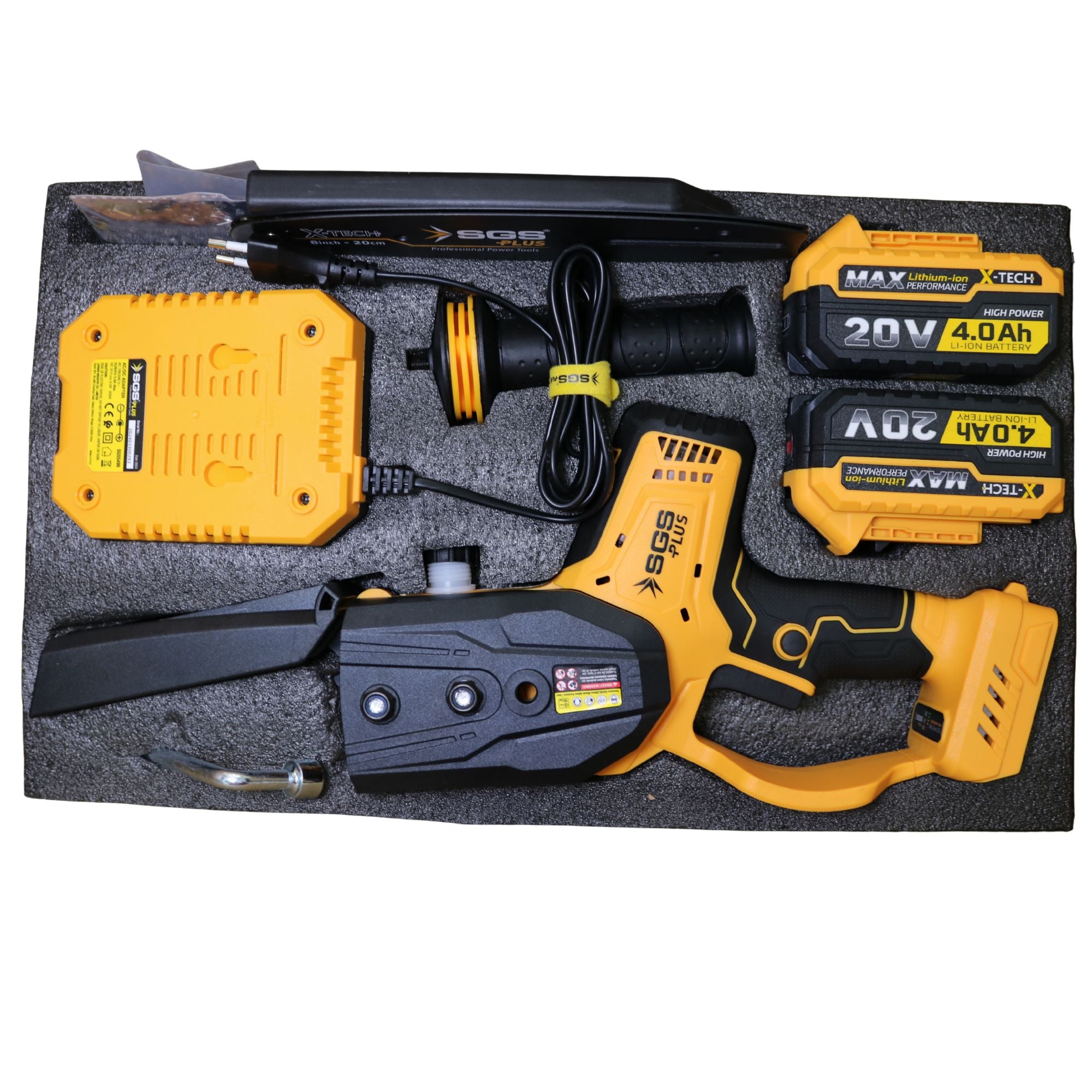 Fierăstrău cu lanț pe acumulator SGS PLUS X-TECH 20V, lamă 20 cm, motor brushless, 2 baterii 4.0Ah, set complet