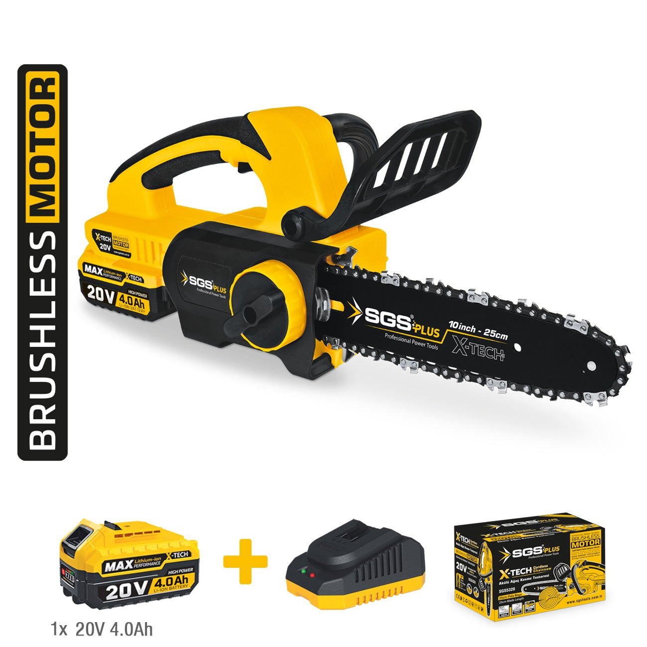 Drujbă pe acumulator SGS PLUS X-TECH 20V, motor brushless, lamă 25 cm (10”), baterie Li-Ion 4.0Ah, set complet