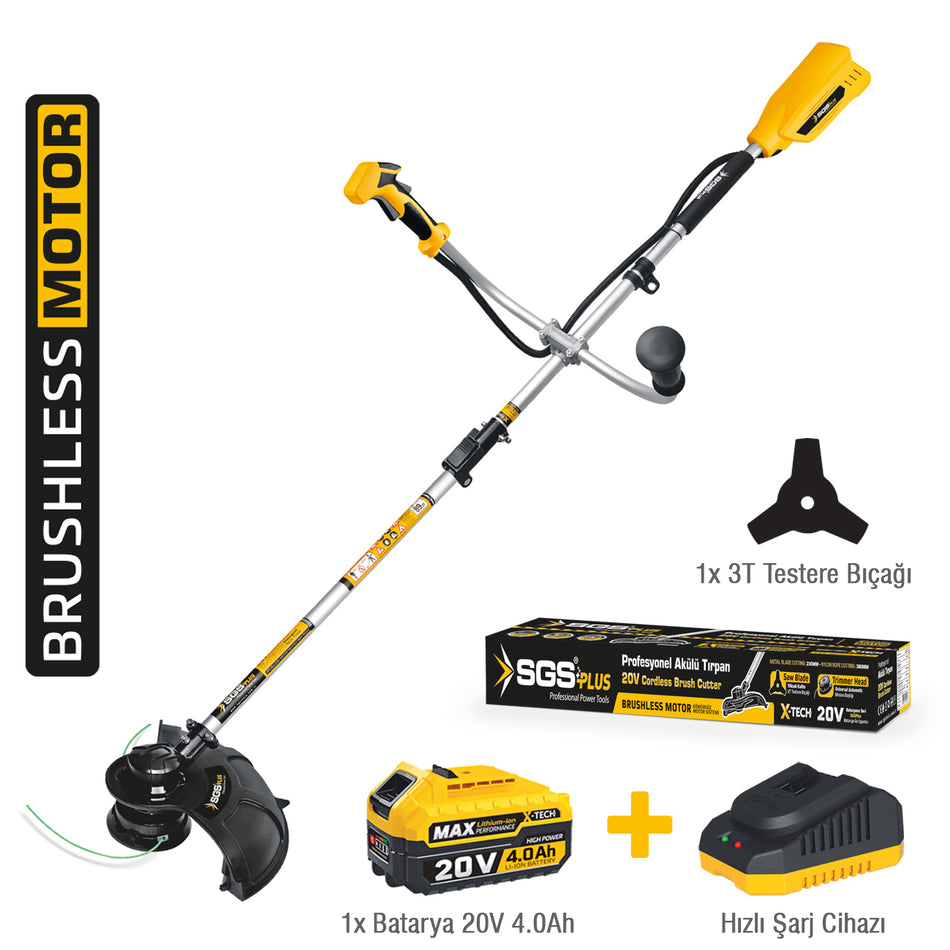 Motocoasă electrică (trimmer) pe acumulator SGS PLUS X-TECH 20V, motor brushless, viteză variabilă, baterie Li-Ion 4.0Ah, set complet