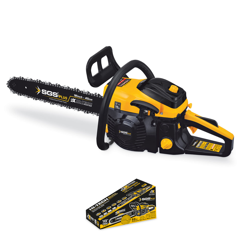 Drujbă pe benzină SGS PLUS HI-TECH 52cc, motor 2 timpi, putere 2.2 kW, lamă 45 cm, ungere automată, set complet
