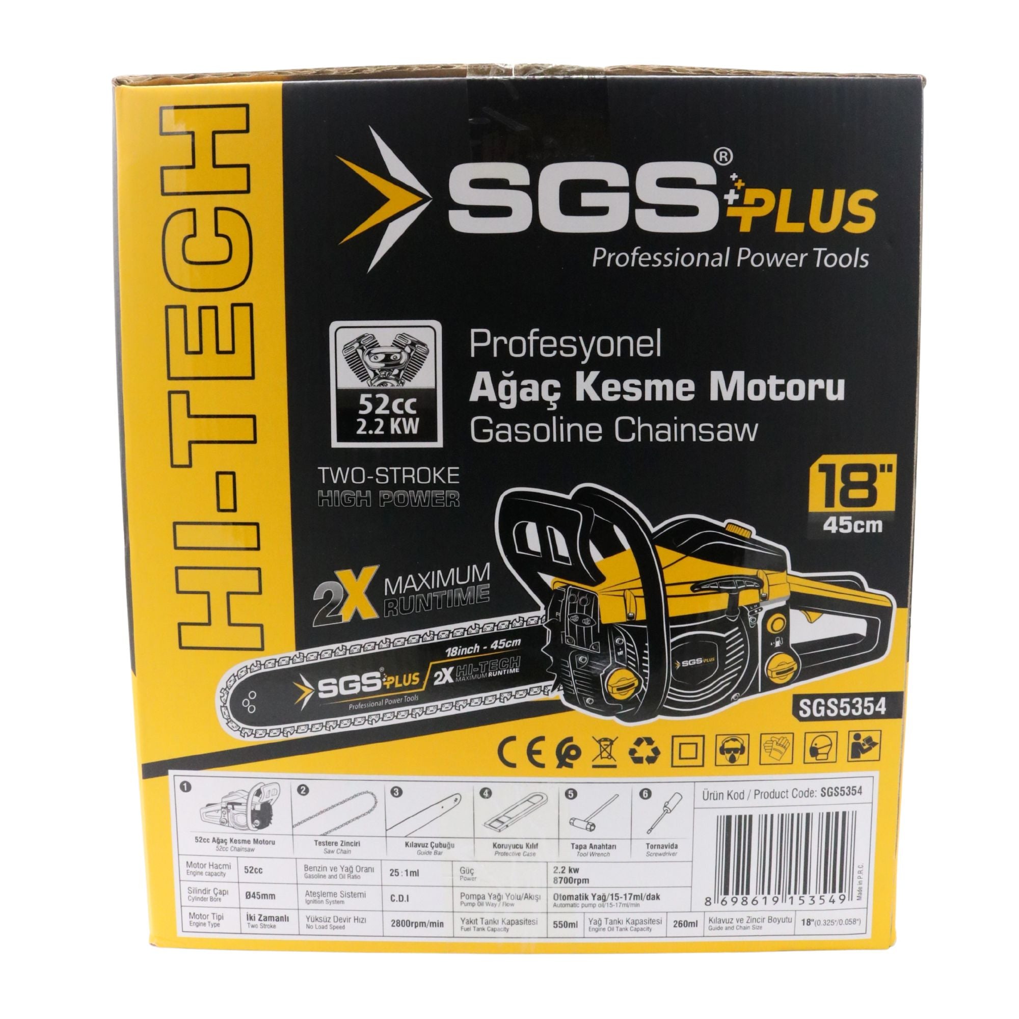 Drujbă pe benzină SGS PLUS HI-TECH 52cc, motor 2 timpi, putere 2.2 kW, lamă 45 cm, ungere automată, set complet
