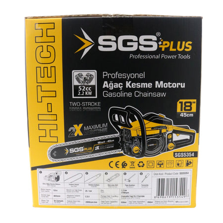 Drujbă pe benzină SGS PLUS HI-TECH 52cc, motor 2 timpi, putere 2.2 kW, lamă 45 cm, ungere automată, set complet
