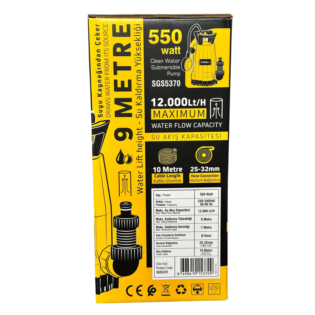 Pompă submersibilă apă curată SGS PLUS HI-TECH 550W, debit 12.000 l/h, înălțime refulare 9 m, cablu 10 m