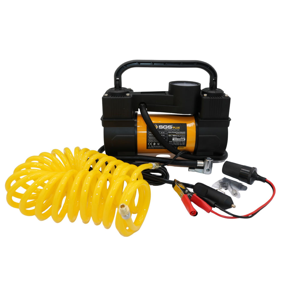 Compresor auto 12V SGS PLUS HI-TECH, 150 PSI, debit aer 60 l/min, cilindru dublu, cu manometru și LED