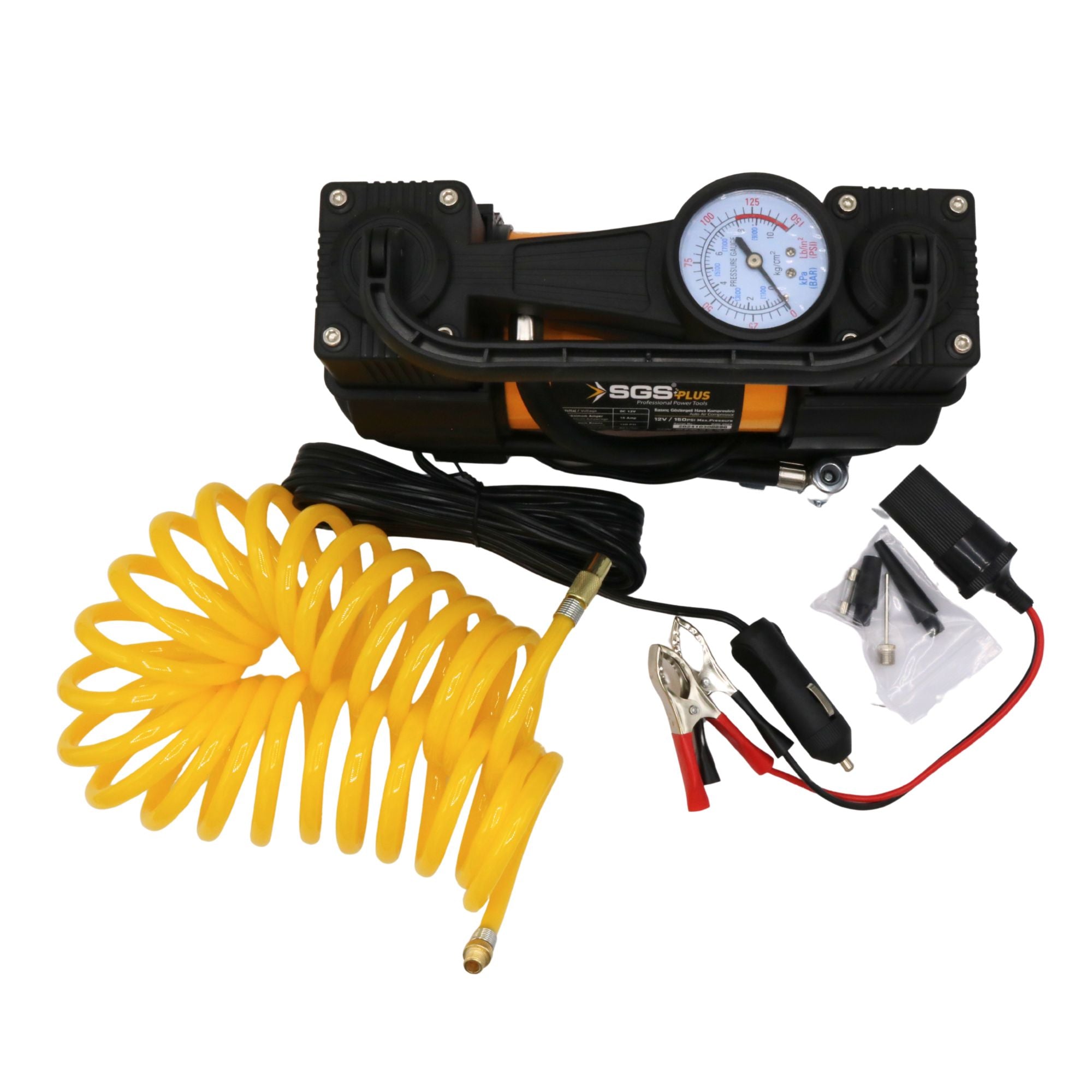 Compresor auto 12V SGS PLUS HI-TECH, 150 PSI, debit aer 60 l/min, cilindru dublu, cu manometru și LED