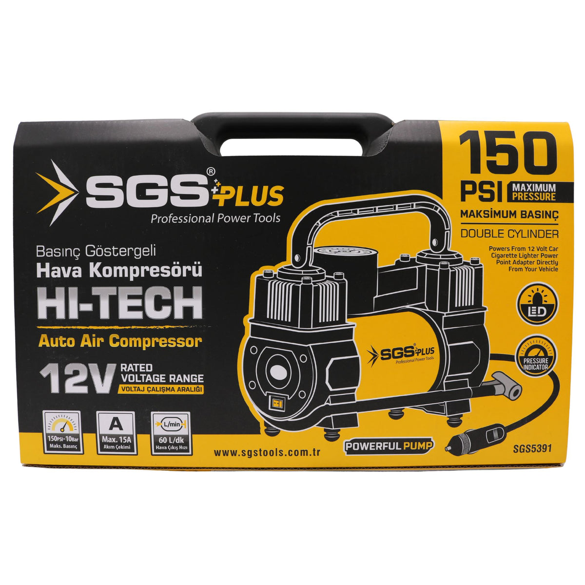 Compresor auto 12V SGS PLUS HI-TECH, 150 PSI, debit aer 60 l/min, cilindru dublu, cu manometru și LED