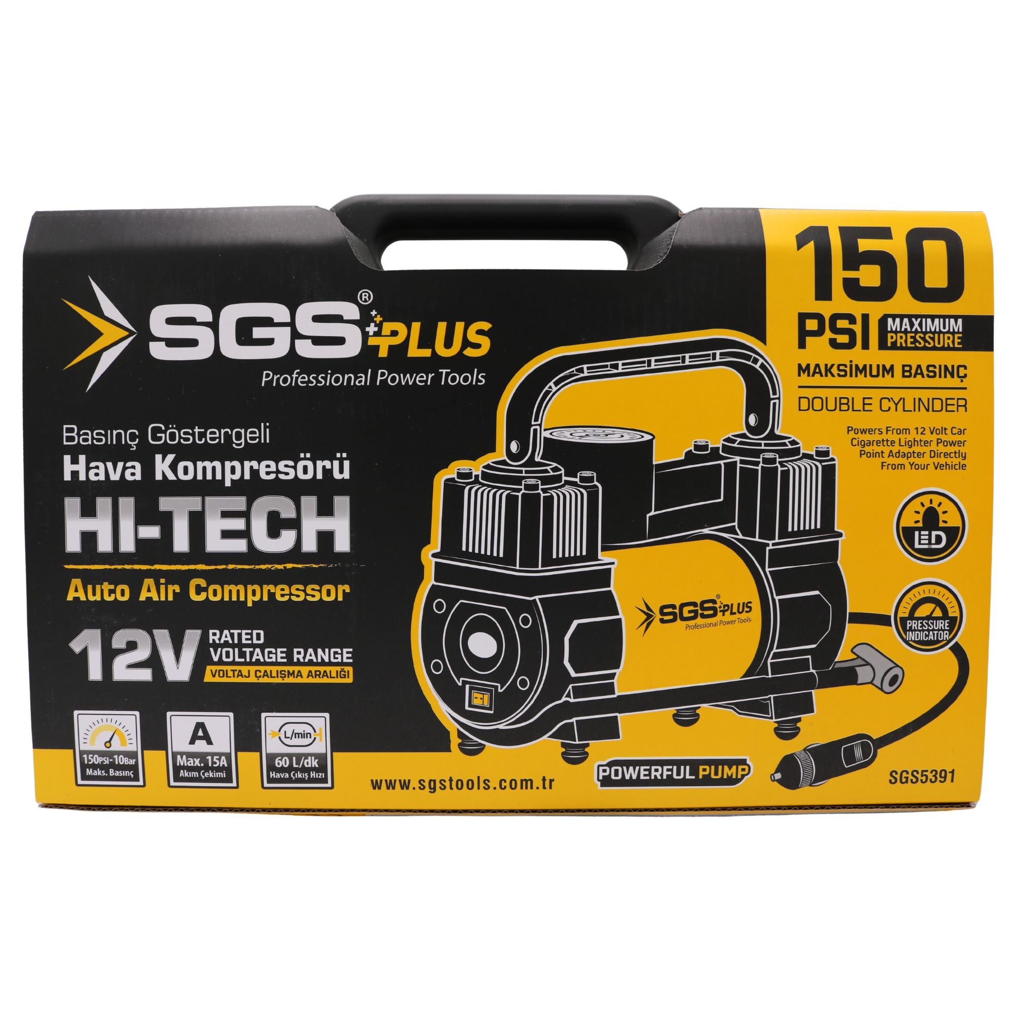 Compresor auto 12V SGS PLUS HI-TECH, 150 PSI, debit aer 60 l/min, cilindru dublu, cu manometru și LED