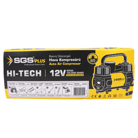 Compresor auto 12V SGS PLUS HI-TECH, 150 PSI, debit aer 60 l/min, cilindru dublu, cu manometru și LED
