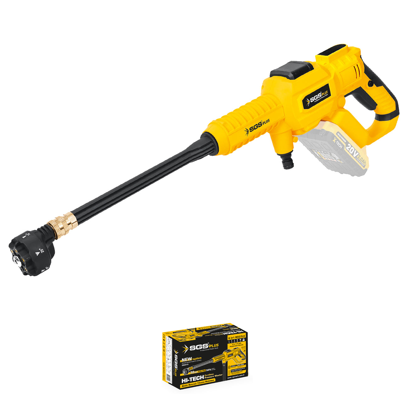 Mașină de spălat cu presiune pe acumulator SGS PLUS HI-TECH 20V, 30 bar (435 PSI), debit 240 l/h, fără baterie și acumulator