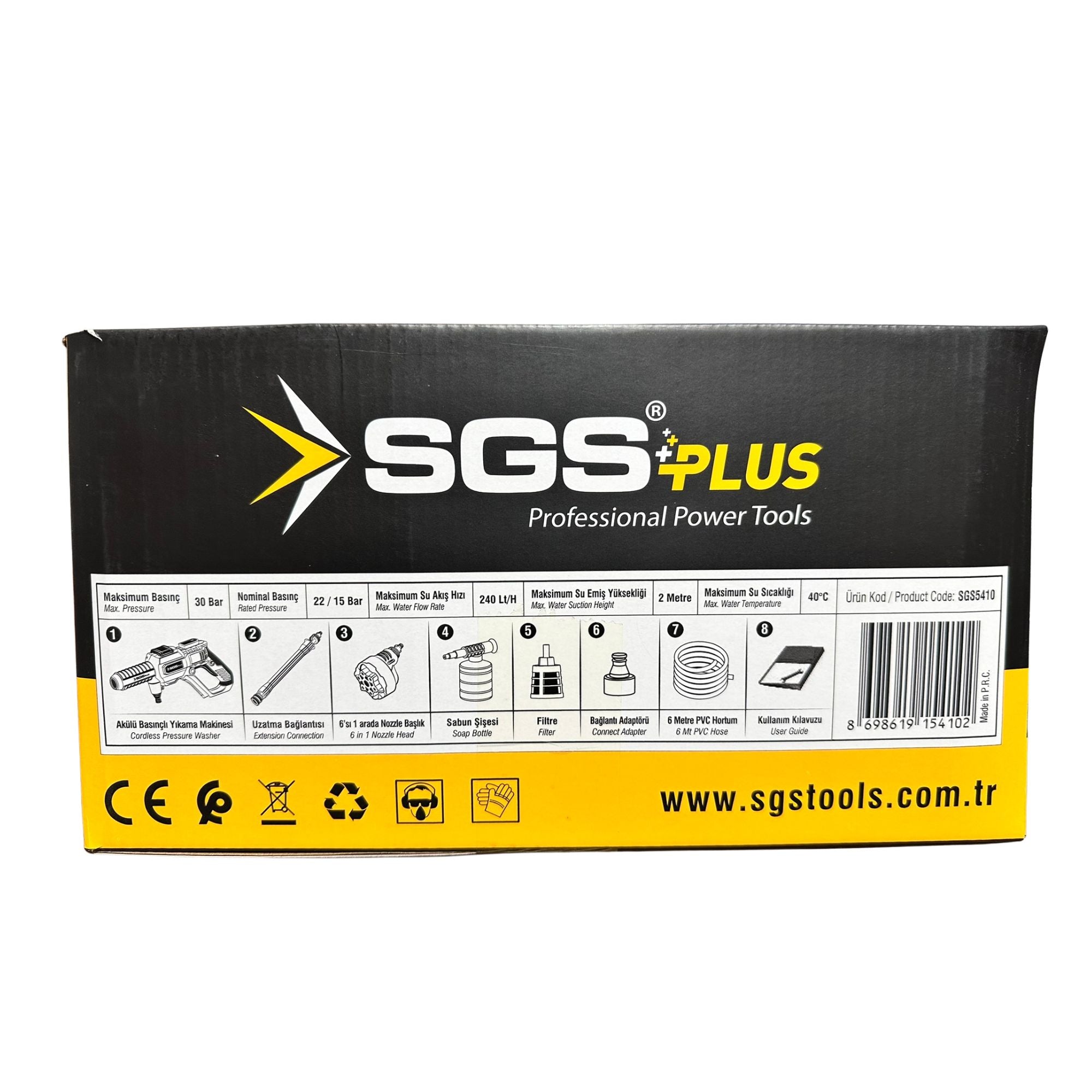 Mașină de spălat cu presiune pe acumulator SGS PLUS HI-TECH 20V, 30 bar (435 PSI), debit 240 l/h, fără baterie și acumulator