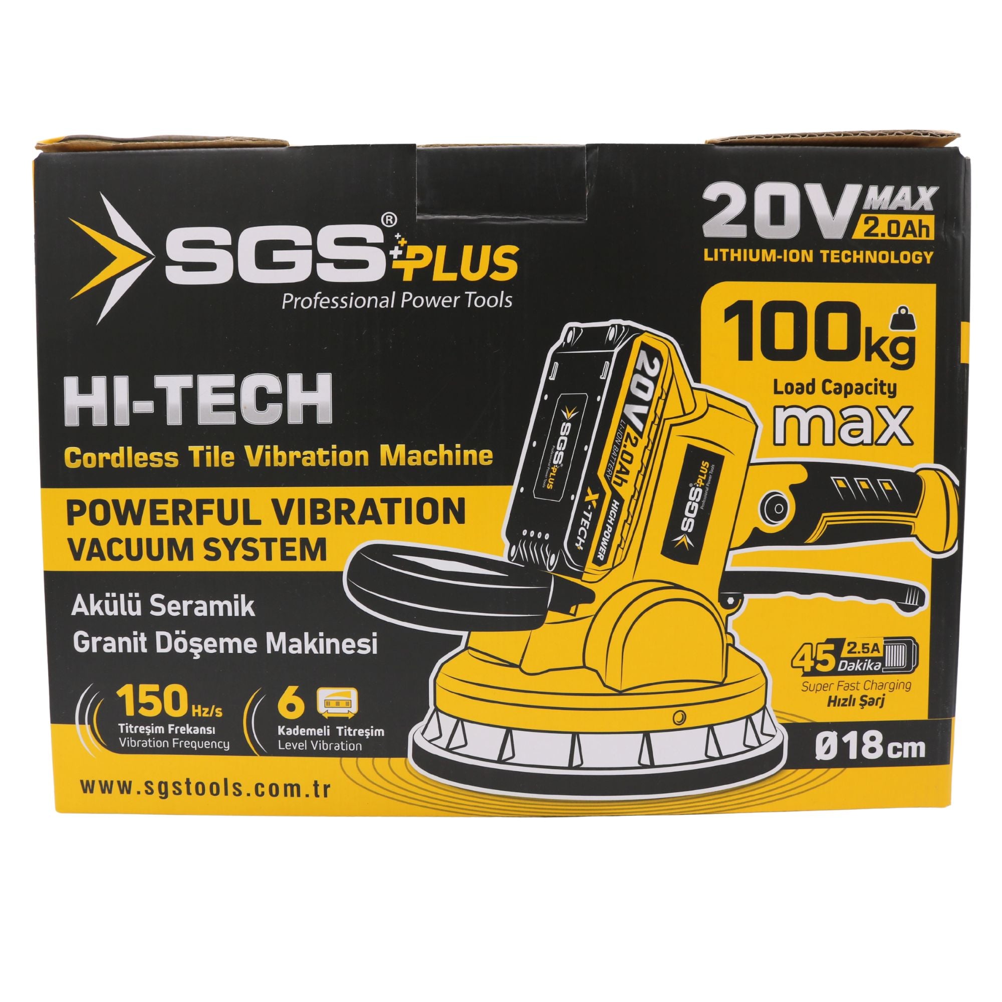 Ventuză electrică cu vibrații pentru plăci ceramice și granit SGS PLUS 20V, Ø180 mm, forță 100 kg, cu baterie 2.0Ah