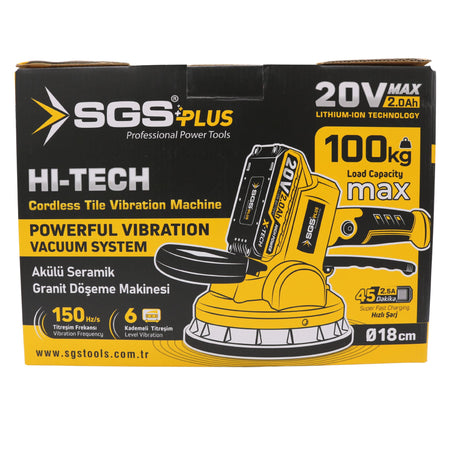 Ventuză electrică cu vibrații pentru plăci ceramice și granit SGS PLUS 20V, Ø180 mm, forță 100 kg, cu baterie 2.0Ah