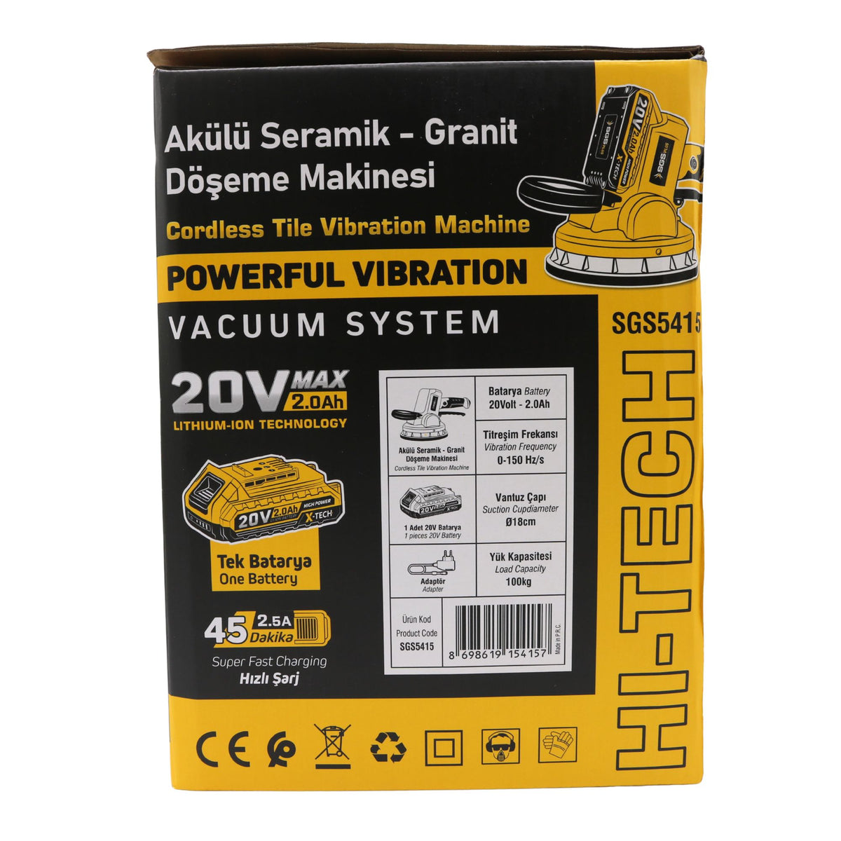 Ventuză electrică cu vibrații pentru plăci ceramice și granit SGS PLUS 20V, Ø180 mm, forță 100 kg, cu baterie 2.0Ah