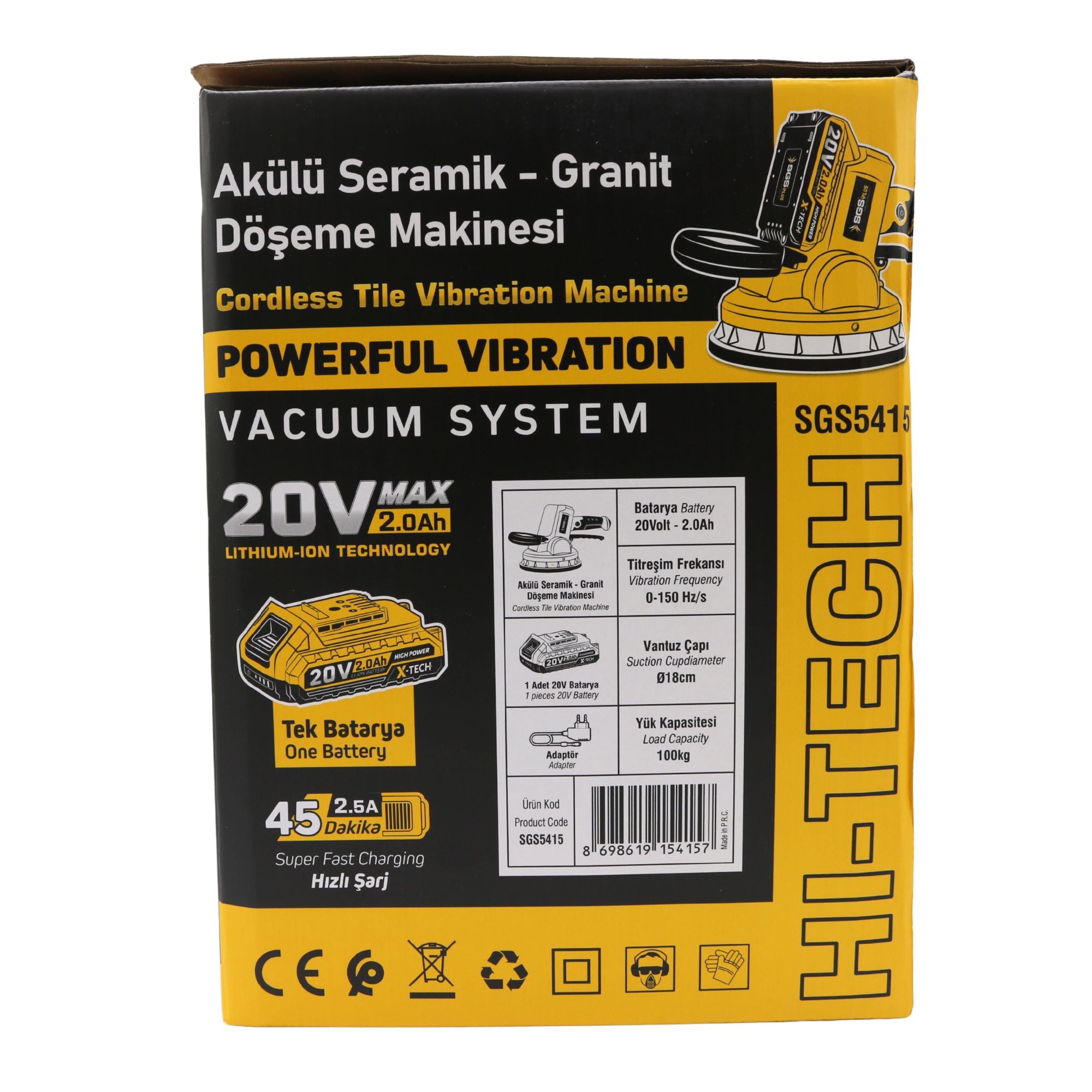 Ventuză electrică cu vibrații pentru plăci ceramice și granit SGS PLUS 20V, Ø180 mm, forță 100 kg, cu baterie 2.0Ah