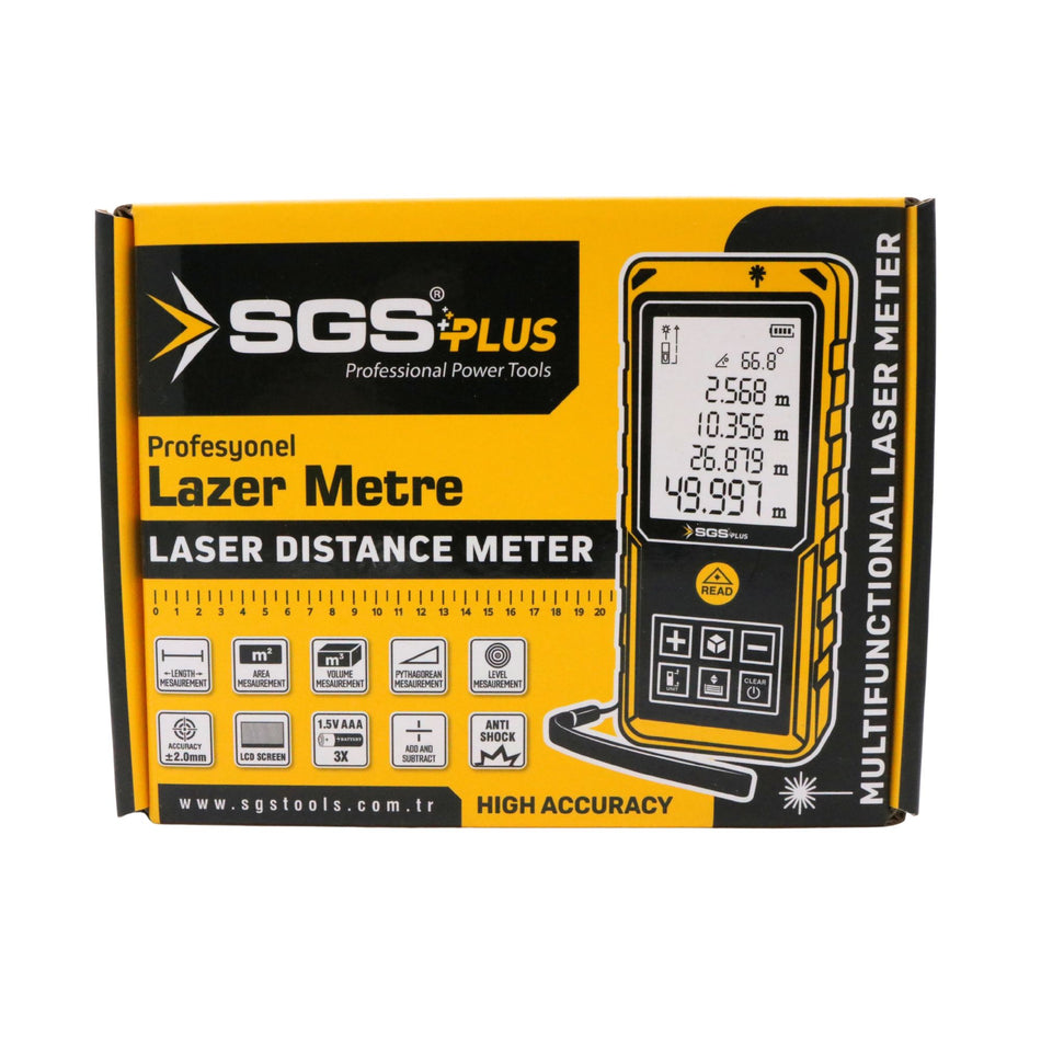 Telemetru laser SGS PLUS 60 m, măsurare distanță, arie și volum, afișaj LCD, precizie ±2 mm