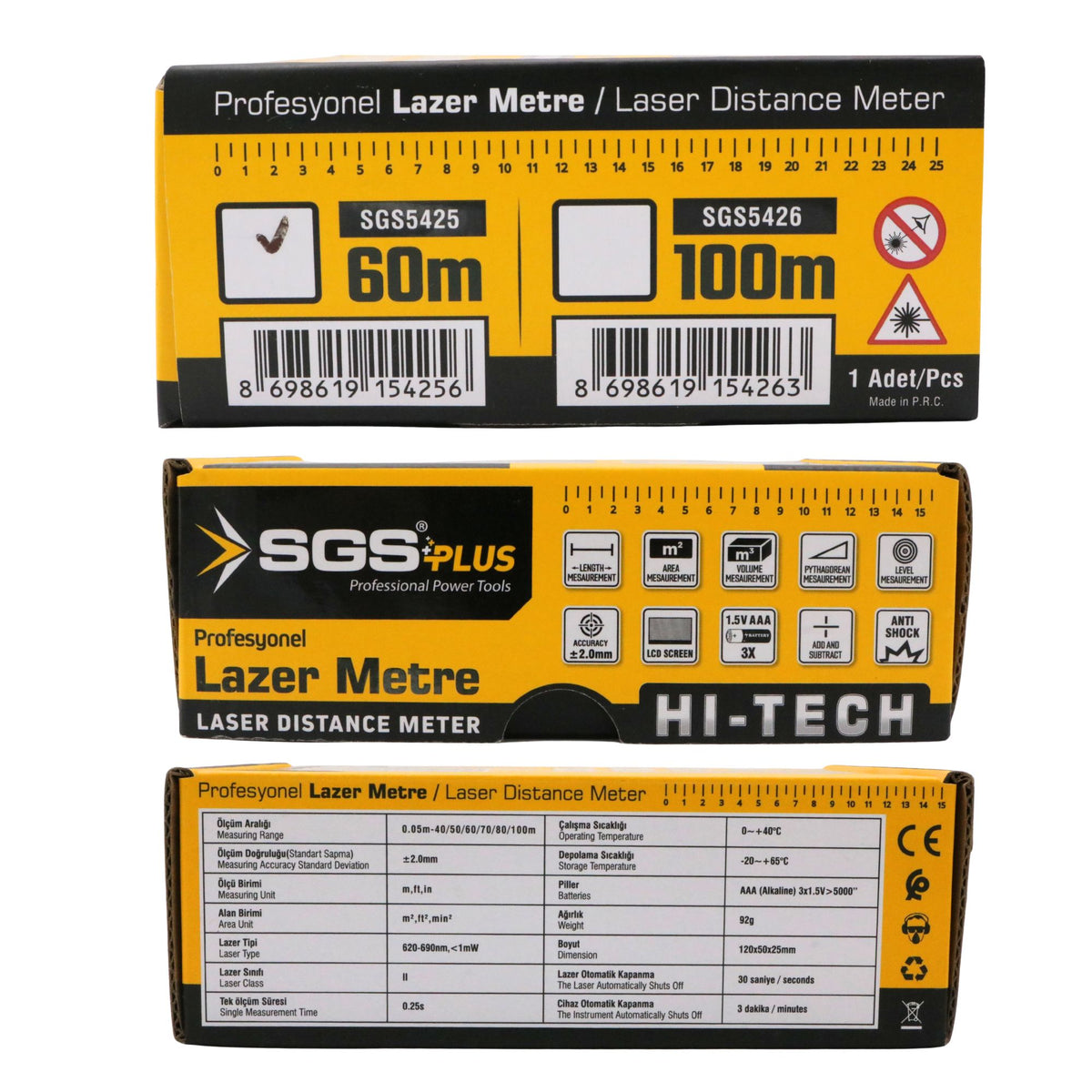 Telemetru laser SGS PLUS 60 m, măsurare distanță, arie și volum, afișaj LCD, precizie ±2 mm