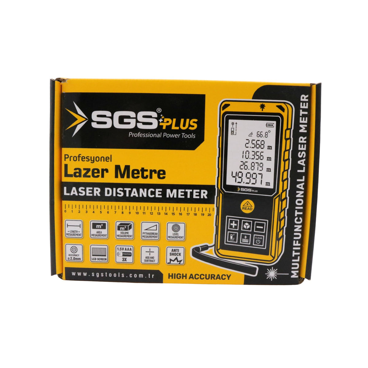 Telemetru laser SGS PLUS 100 m, măsurare distanță, arie și volum, afișaj LCD, precizie ±2 mm