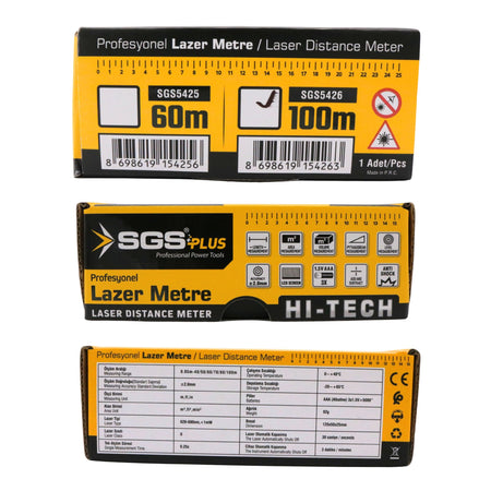Telemetru laser SGS PLUS 100 m, măsurare distanță, arie și volum, afișaj LCD, precizie ±2 mm