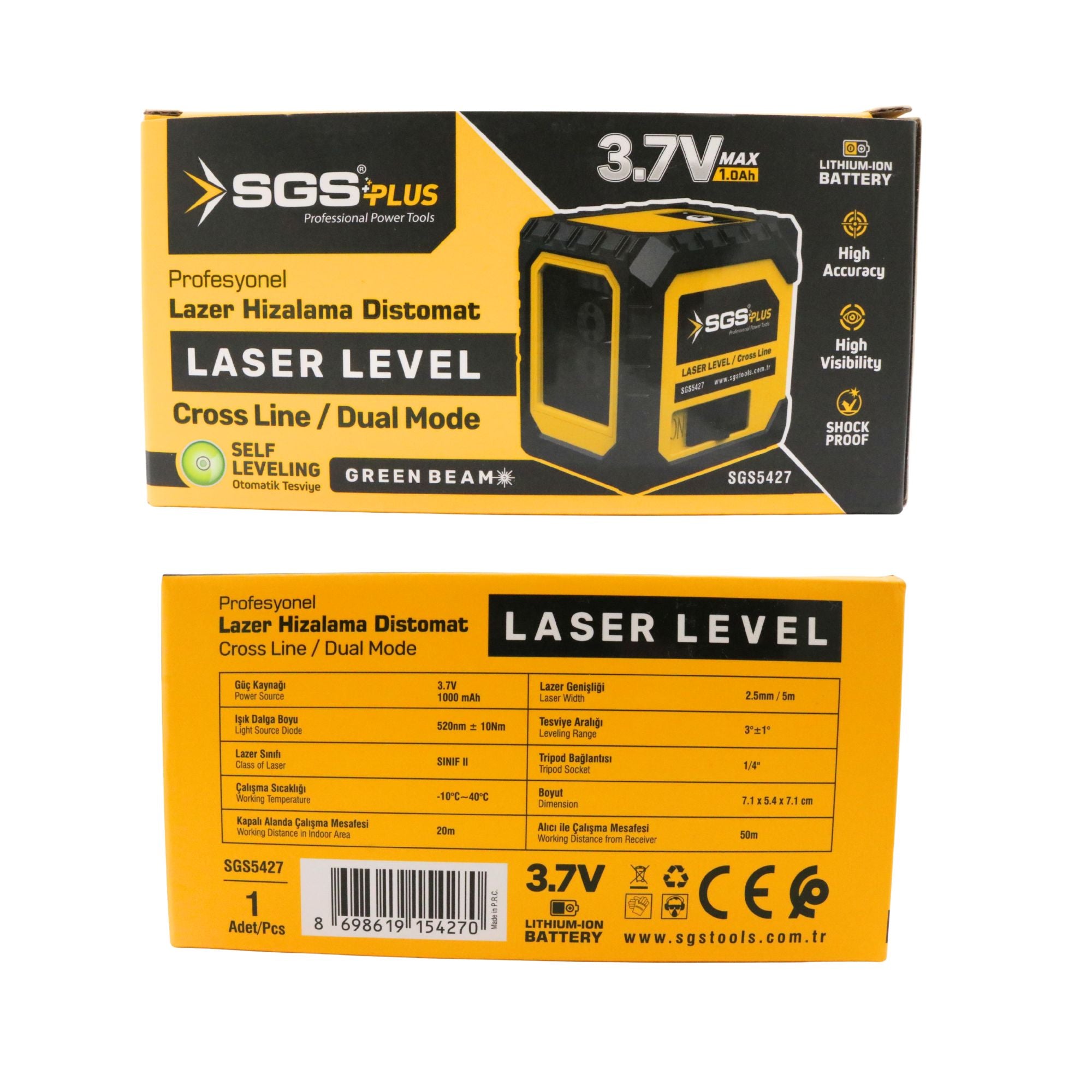Nivela laser verde cu 2 linii SGS PLUS HI-TECH, autonivelare, precizie ±2 mm/10 m, acumulator Li-Ion 3.7V