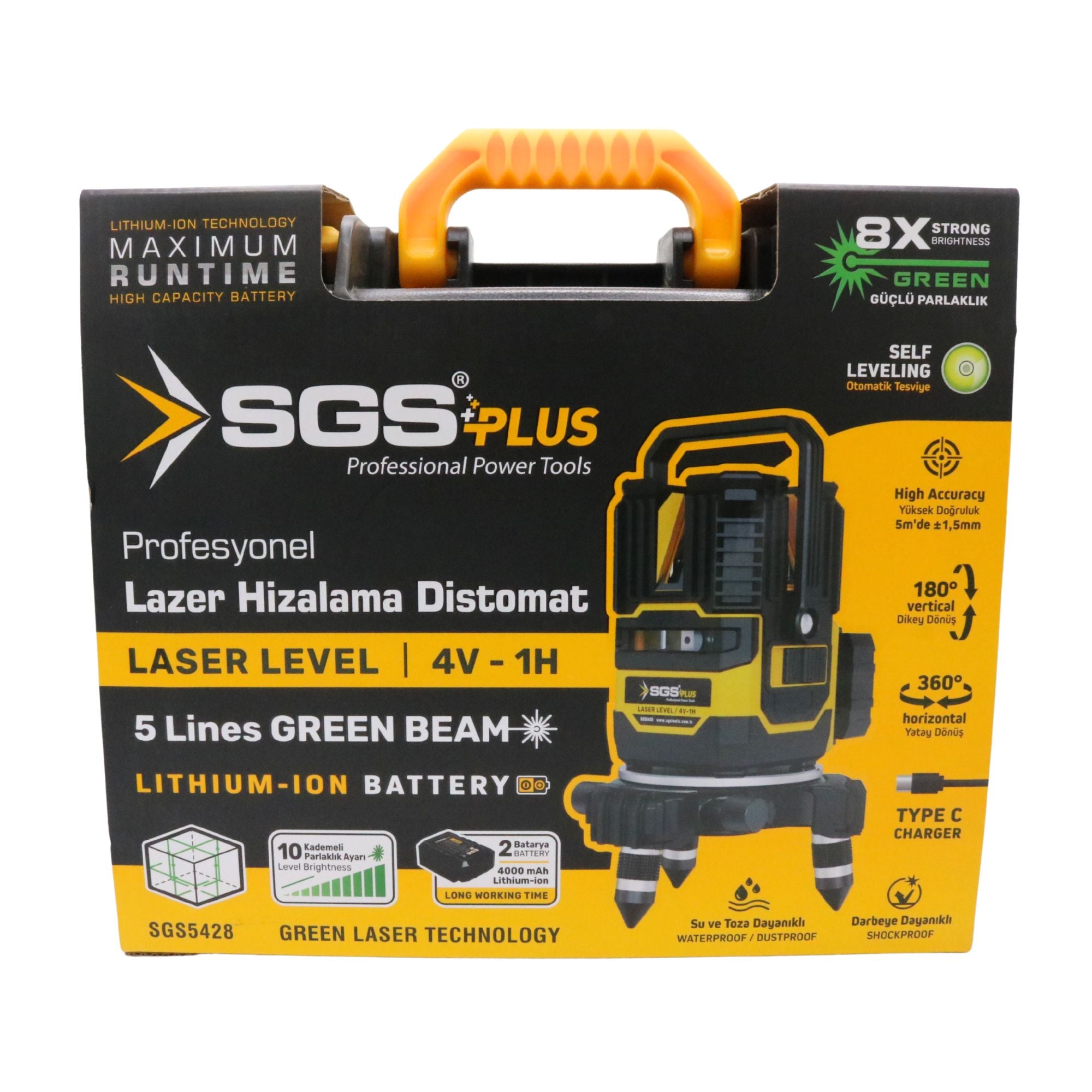 Nivelă laser verde 5 linii SGS PLUS HI-TECH 4V-1H, autonivelare, 360°, precizie ±3 mm/10 m, 2 baterii