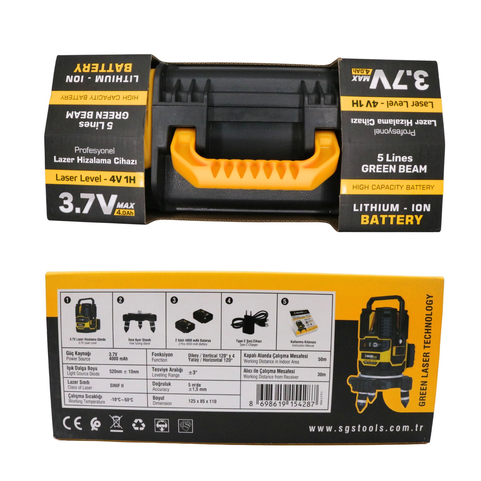 Nivelă laser verde 5 linii SGS PLUS HI-TECH 4V-1H, autonivelare, 360°, precizie ±3 mm/10 m, 2 baterii