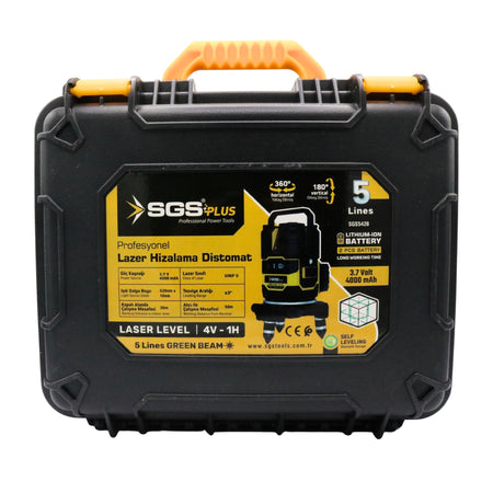 Nivelă laser verde 5 linii SGS PLUS HI-TECH 4V-1H, autonivelare, 360°, precizie ±3 mm/10 m, 2 baterii