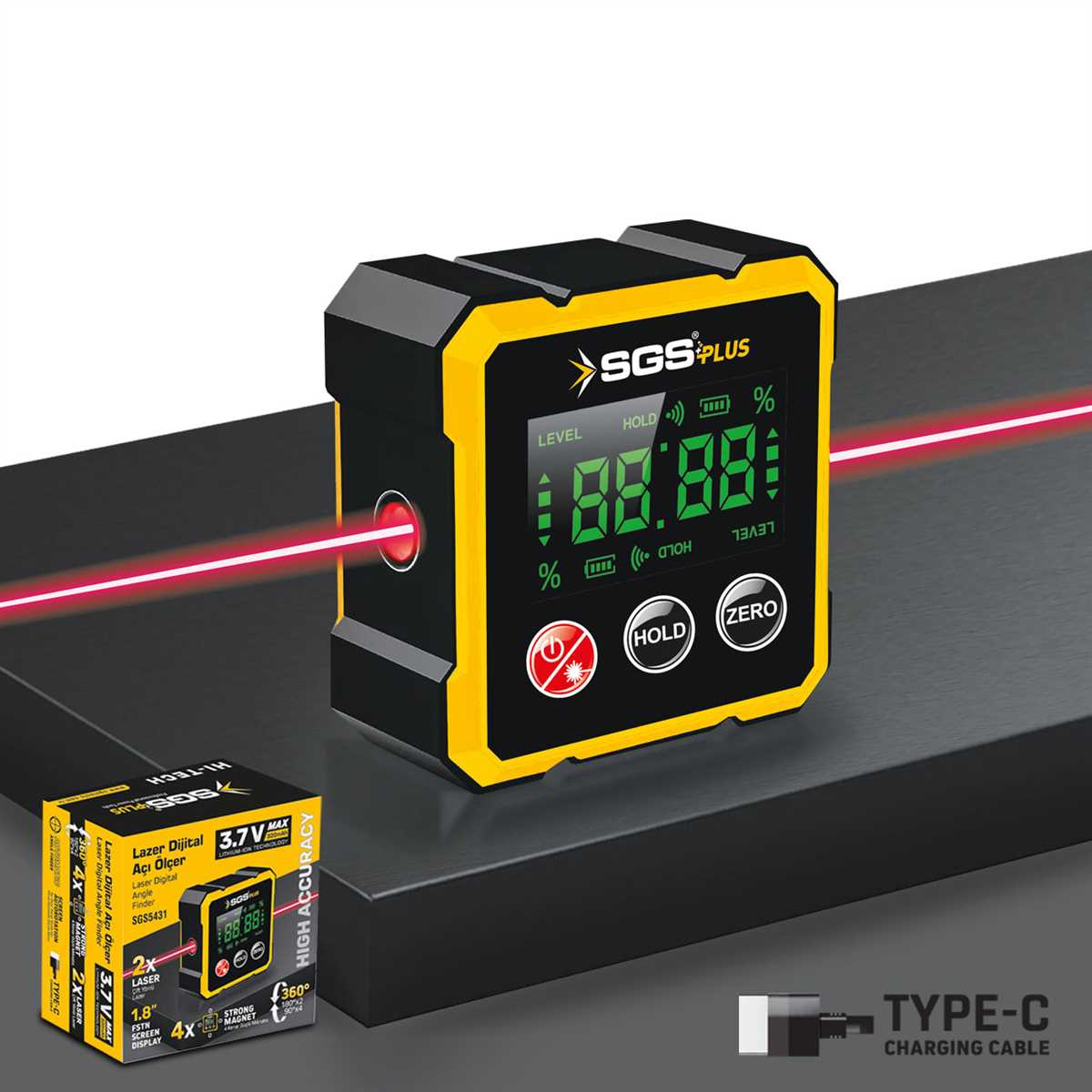 Raportor digital unghi cu laser SGS PLUS, 360°, afișaj 1.8”, magnet 4 laturi, încărcare USB Type-C