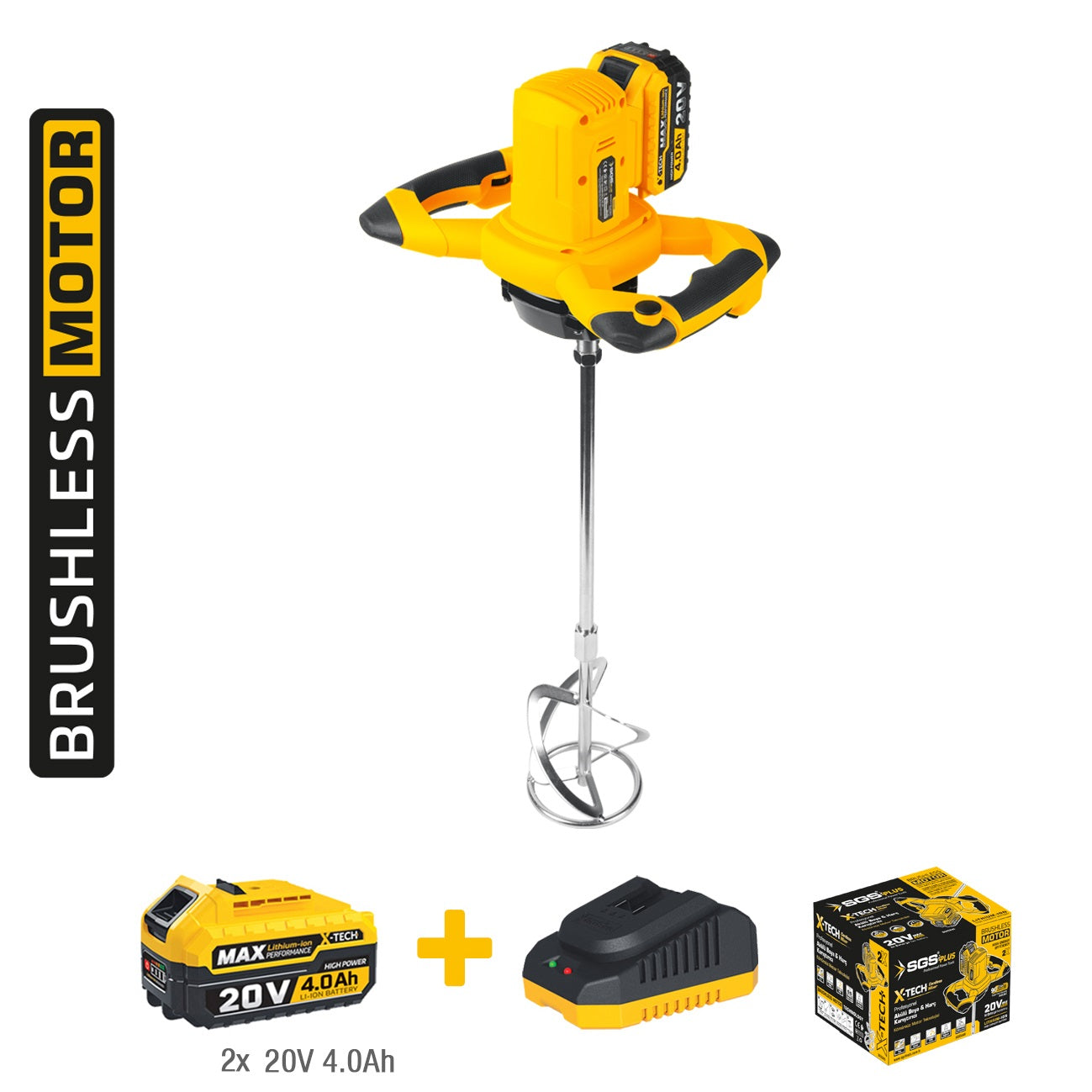 Mixer electric pe acumulator pentru vopsea și mortar SGS X-TECH, 2 acumulatori 20V 4.0Ah, motor fără perii, 600 rpm, prindere M14, Ø120 mm