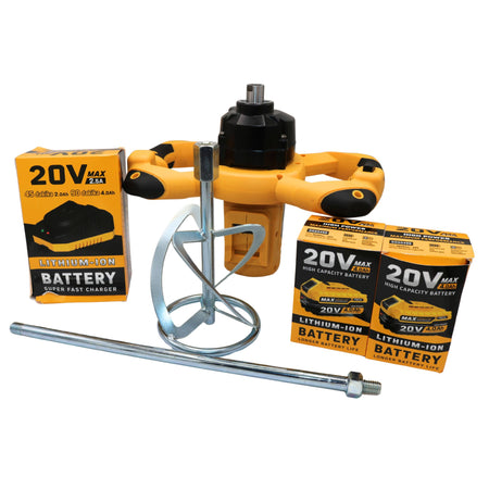 Mixer electric pe acumulator pentru vopsea și mortar SGS X-TECH, 2 acumulatori 20V 4.0Ah, motor fără perii, 600 rpm, prindere M14, Ø120 mm