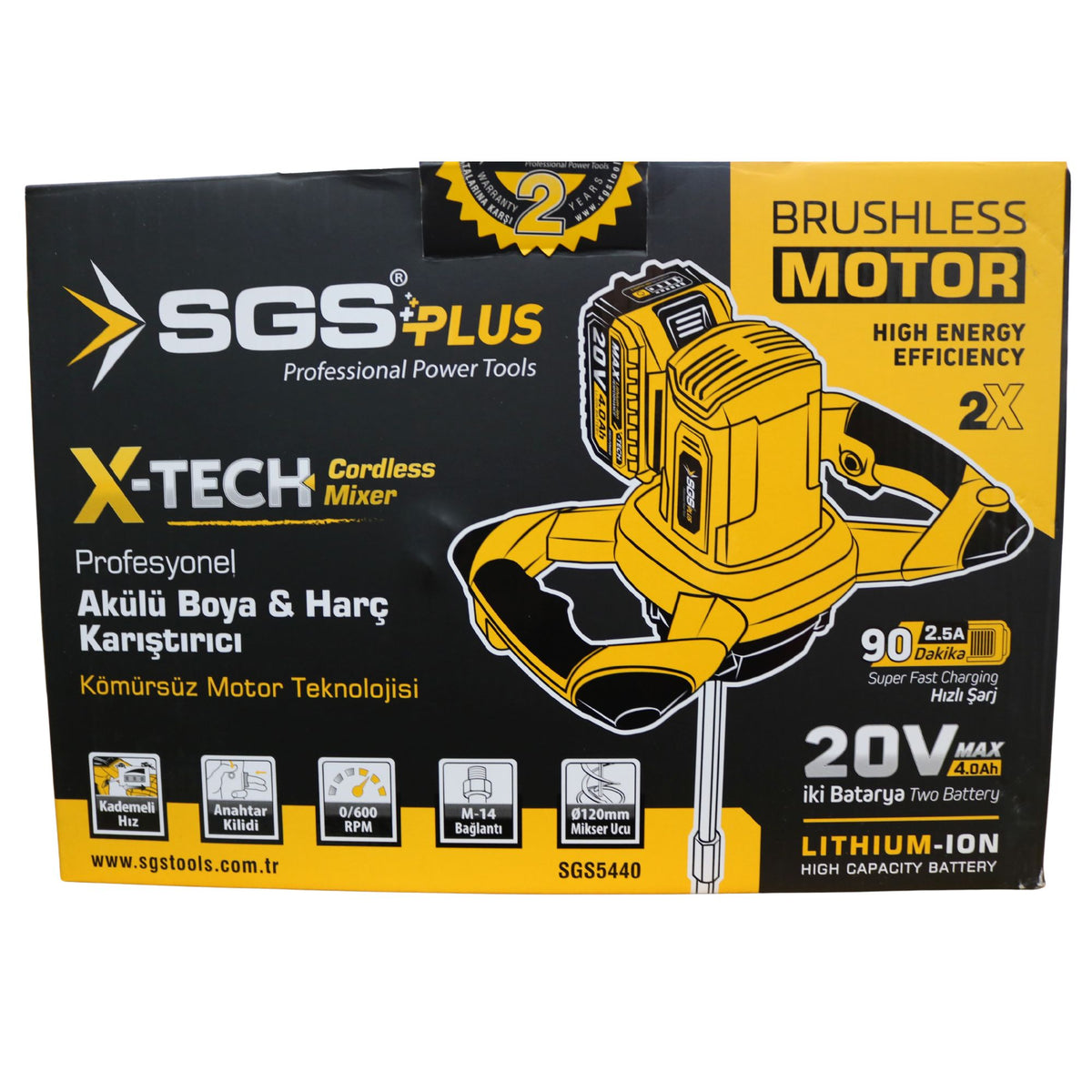 Mixer electric pe acumulator pentru vopsea și mortar SGS X-TECH, 2 acumulatori 20V 4.0Ah, motor fără perii, 600 rpm, prindere M14, Ø120 mm