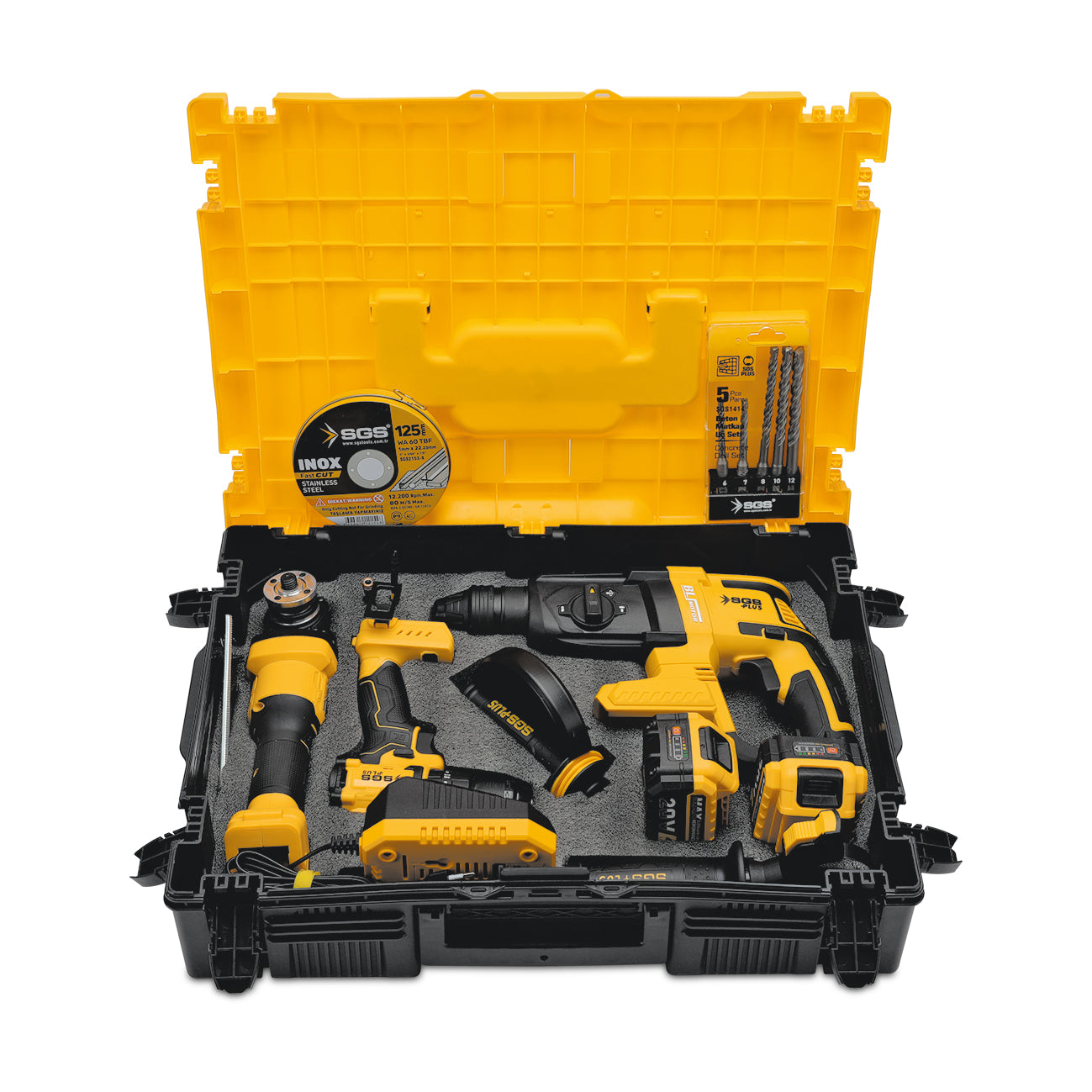 Set profesional de 3 scule electrice – 20V MAX 4.0Ah Brushless: Mașină de găurit, ciocan rotopercutor și polizor unghiular