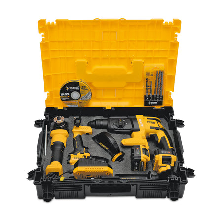 Set profesional de 3 scule electrice – 20V MAX 4.0Ah Brushless: Mașină de găurit, ciocan rotopercutor și polizor unghiular