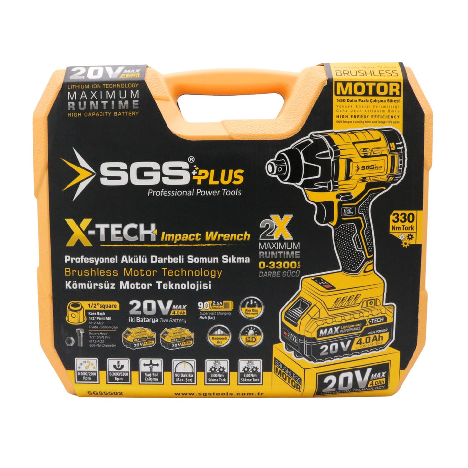 Mașină de înșurubat cu impact SGS X-TECH, 20V, 4.0Ah, 1/2”, 330Nm, 0-3300 bpm, Motor Brushless, 2 acumulatori, valiză transport