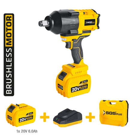 Mașină de înșurubat cu impact / cheie electrică pe acumulator SGS PLUS X-TECH 20V, 1200 Nm, 3/4”, motor brushless, baterie 6.0Ah, 3 trepte, LED, valiză