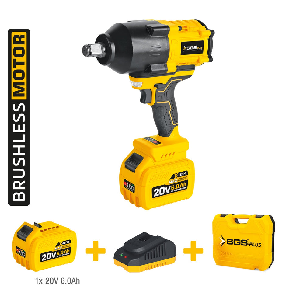 Mașină de înșurubat cu impact / cheie electrică pe acumulator SGS PLUS X-TECH 20V, 1200 Nm, 3/4”, motor brushless, baterie 6.0Ah, 3 trepte, LED, valiză