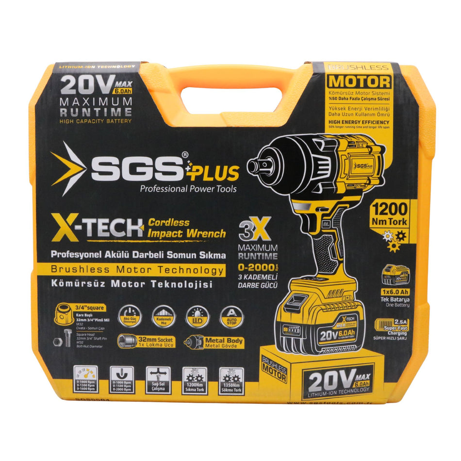 Mașină de înșurubat cu impact / cheie electrică pe acumulator SGS PLUS X-TECH 20V, 1200 Nm, 3/4”, motor brushless, baterie 6.0Ah, 3 trepte, LED, valiză
