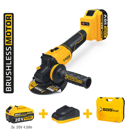 Polizor unghiular pe acumulator SGS PLUS X-TECH 20V, motor brushless, Ø115 mm, turație variabilă, 2 baterii 4.0Ah
