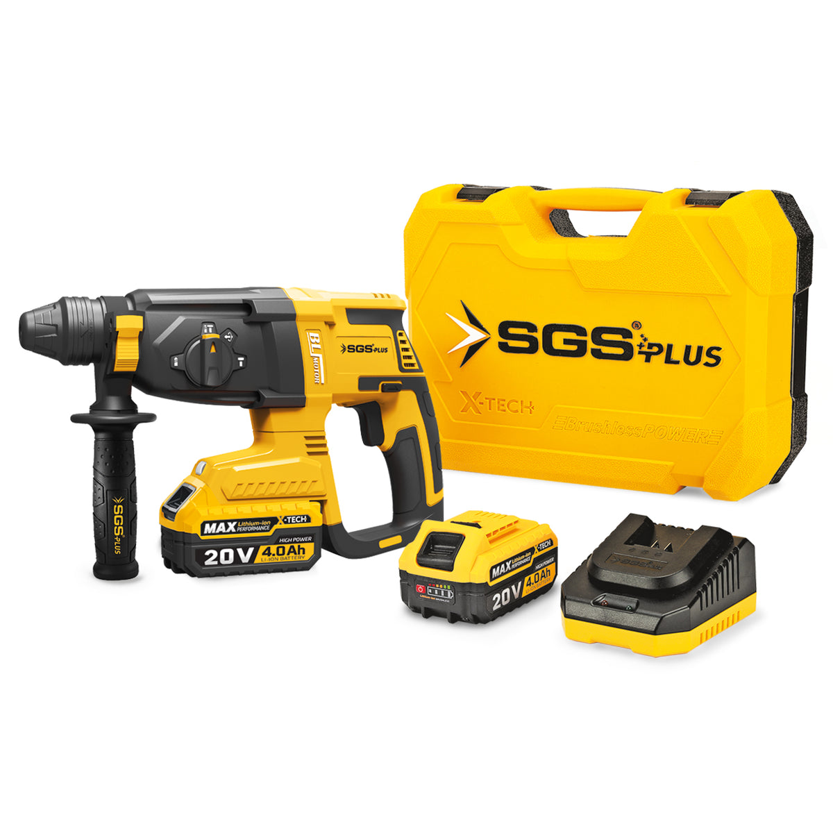 Mașină de găurit cu percuție SDS Plus pe acumulator SGS PLUS 20V, motor brushless, 2.8J, 2×4.0Ah