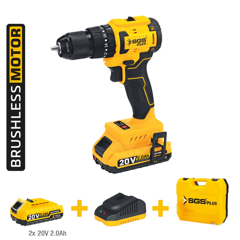 Mașină de găurit și înșurubat cu percuție, cu acumulator, 20V, brushless, 45 Nm, mandrină metalică Auto-Lock, set complet, SGS