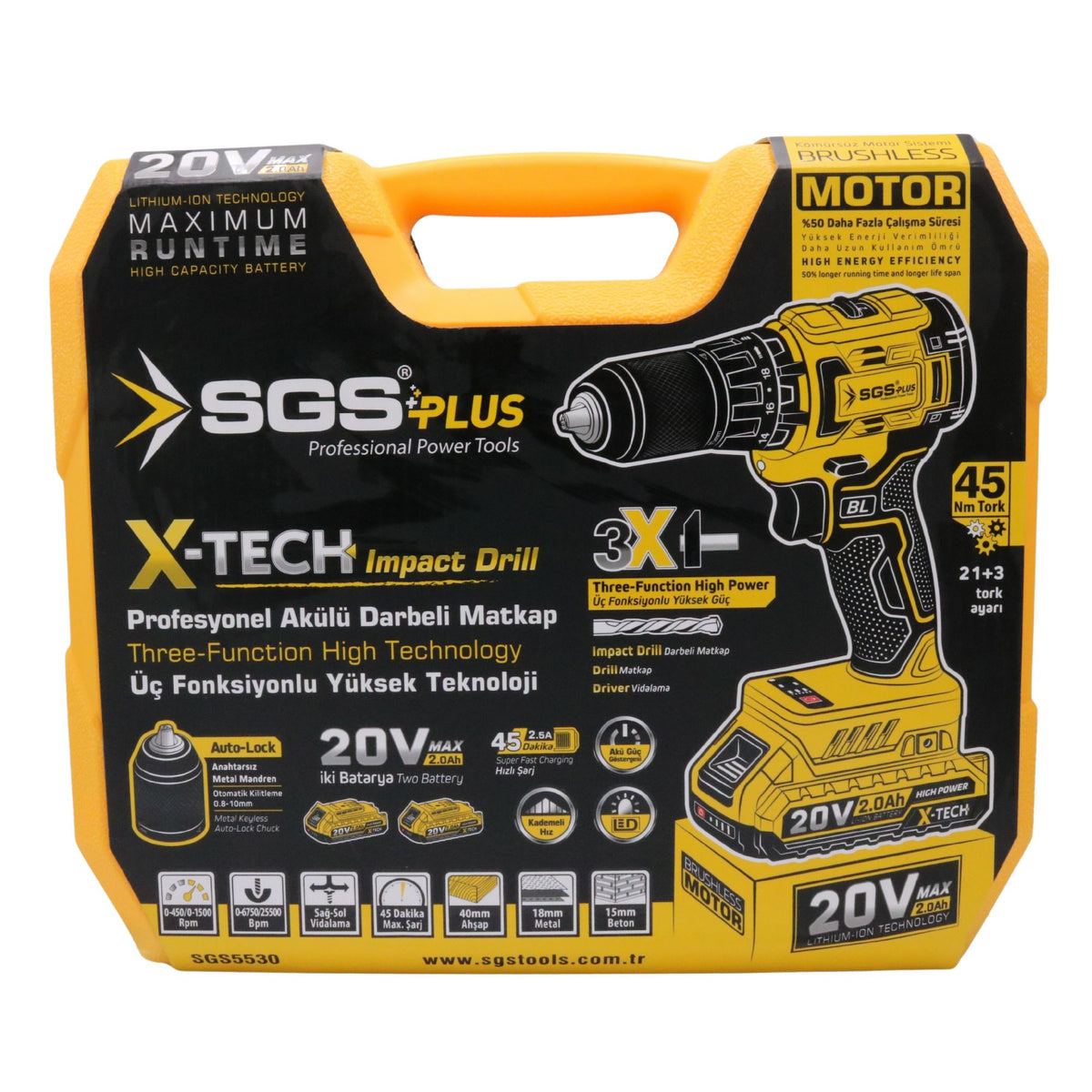 Mașină de găurit și înșurubat cu percuție, cu acumulator, 20V, brushless, 45 Nm, mandrină metalică Auto-Lock, set complet, SGS